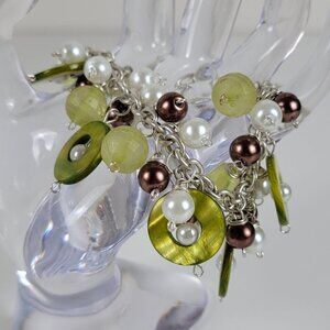 Copper And White Faux Pearl Green MOP Charm Bracelet Cha-Cha Silver Tone 8.5 in